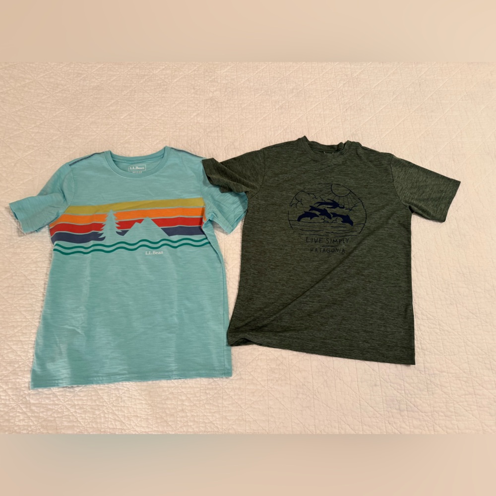 L.L. Bean and Patagonia Kids' Tees - Aqua and Dark Green Size M